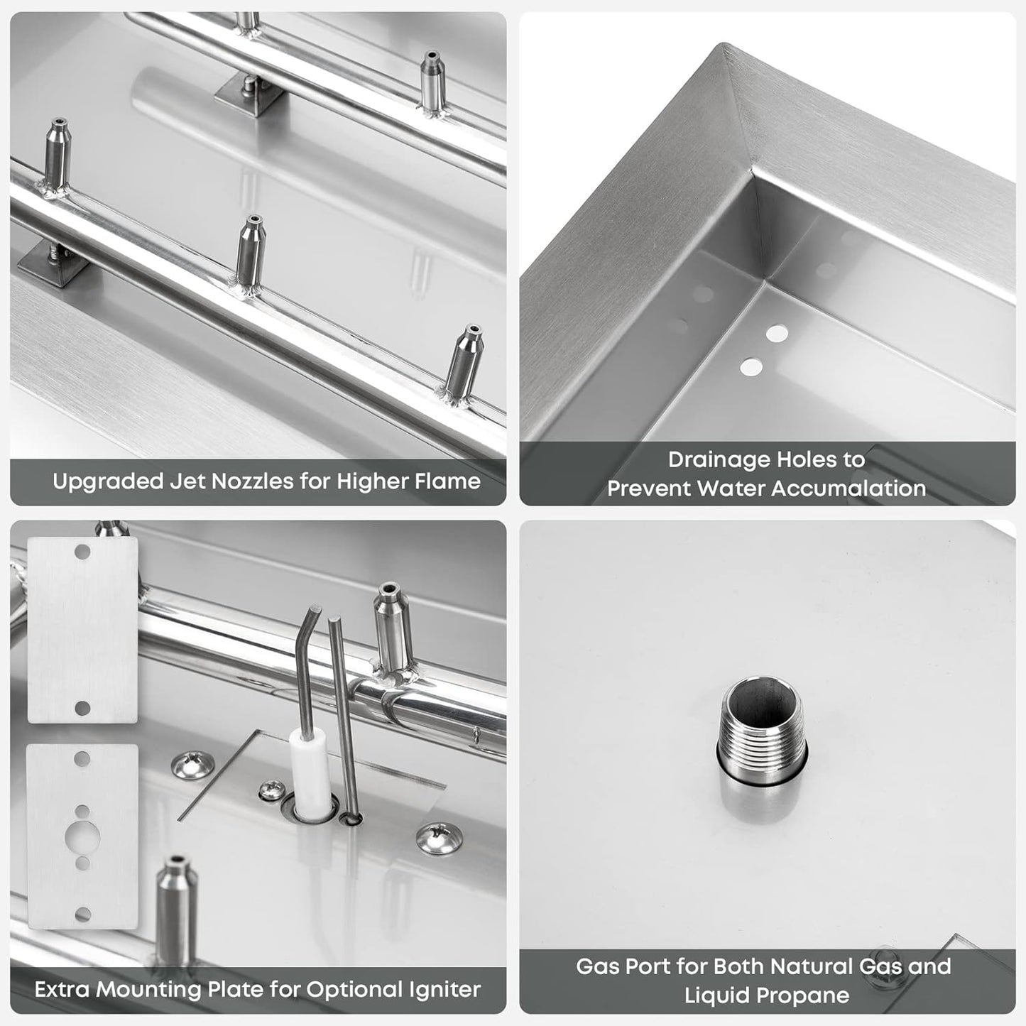 Stanbroil 30 x 10 Inch Upgrade Rectangle Fire Pit Pan with Jet Burner,304 Stainless Steel Natural & Propane Gas Firepits for Outside,High Flame,125,000 BTU Max