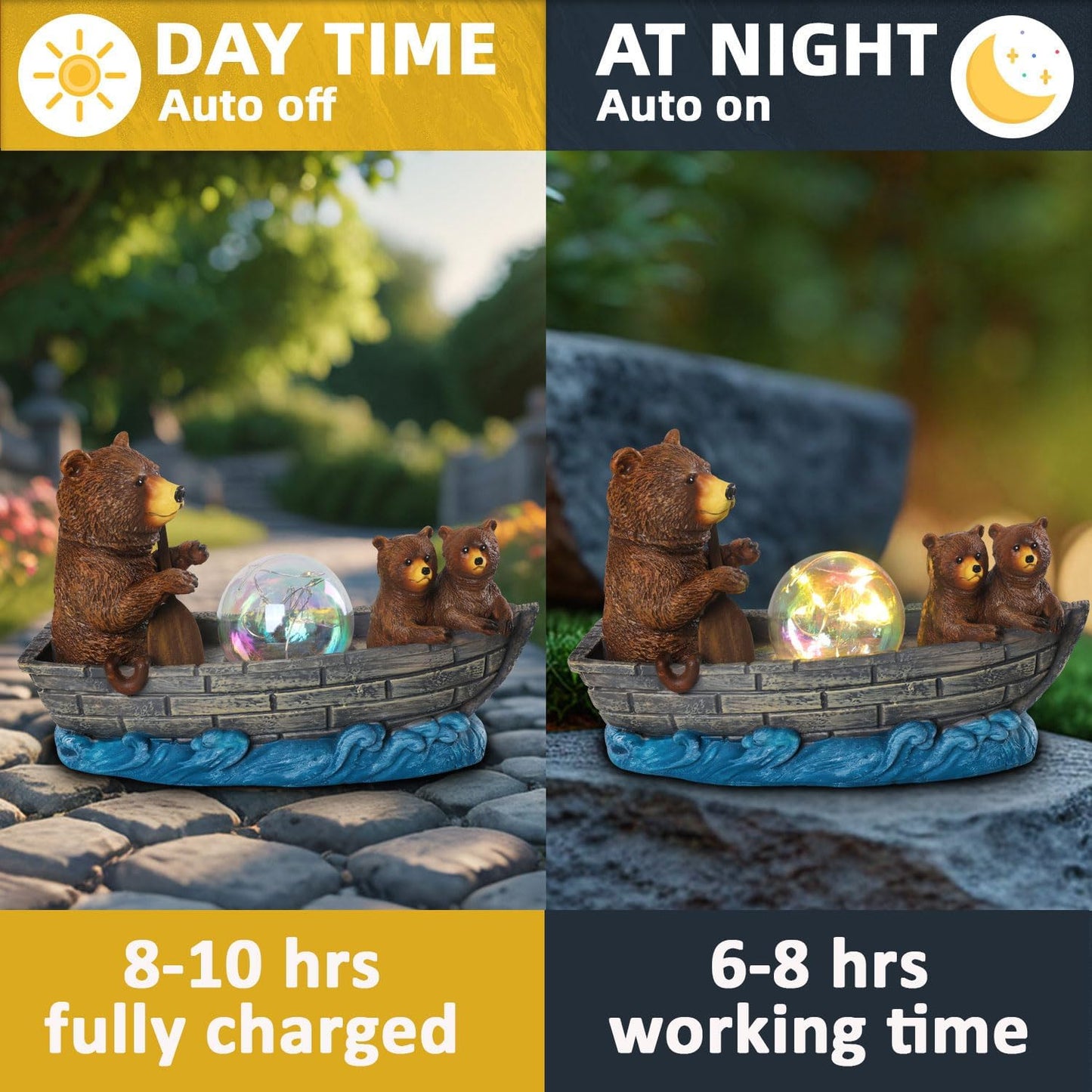 Solar Bears Boating Statue with Ball Light 5" Resin Bear Figurines Waterproof Bear Decorations for Home Yard Patio Porch Balcony Best Garden Gifts for Women Mothers Grandmothers Sisters