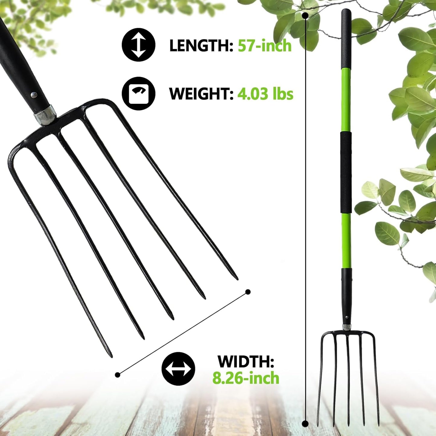 Pitch Fork-57 Inch，5-Tine Steel Garden Fork Heavy Duty, Mulch with Cushion Grip, Green Fiberglass Handle
