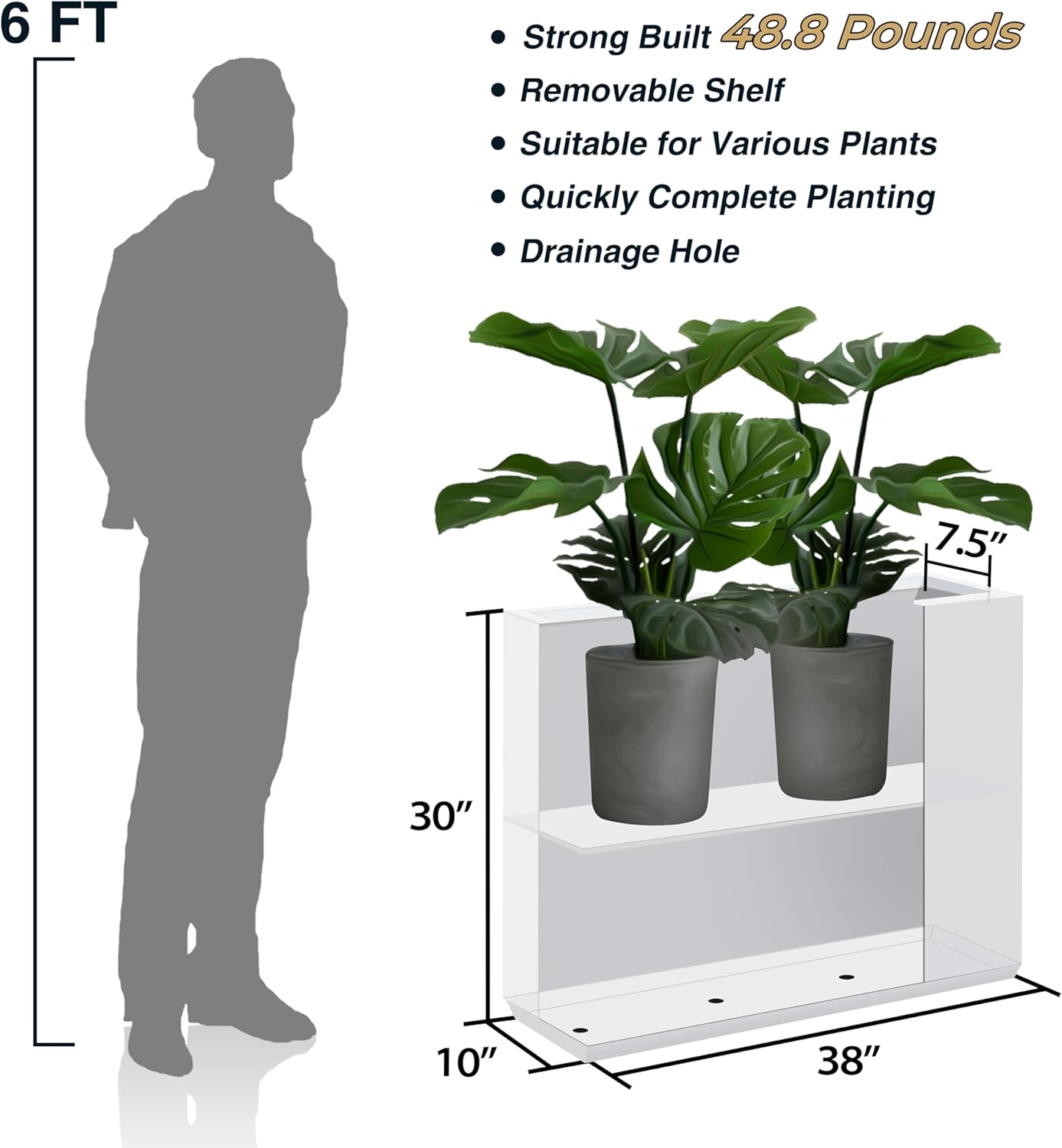 Metallic Heavy Outdoor Span Planter Box, Large Flower Pot, Long and Tall Divider Planters, 38Lx10Wx30H, White, Seamless and No Assembly 48.8 Pounds