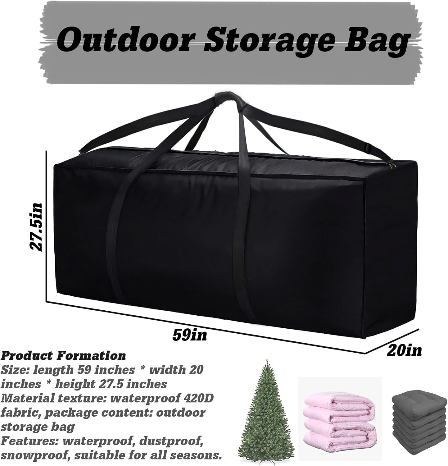 Outdoor Patio Cushion Furniture Organizer Bag Extra Large Storage Duffle Bag 59 inches L x 20 inches W x 27.5 inches H with Shoulder Strap and Handles, Big Foldable Duffle Bag