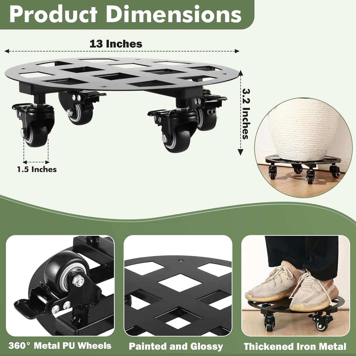 2 Packs 13 inches Large Metal Plant Caddy with Wheels Heavy-Duty Round Plant Stands with Casters Indoor Outdoor Flower Pot Mover Roller Base Garden Dolly Coasters Black, Strong Load Capacity