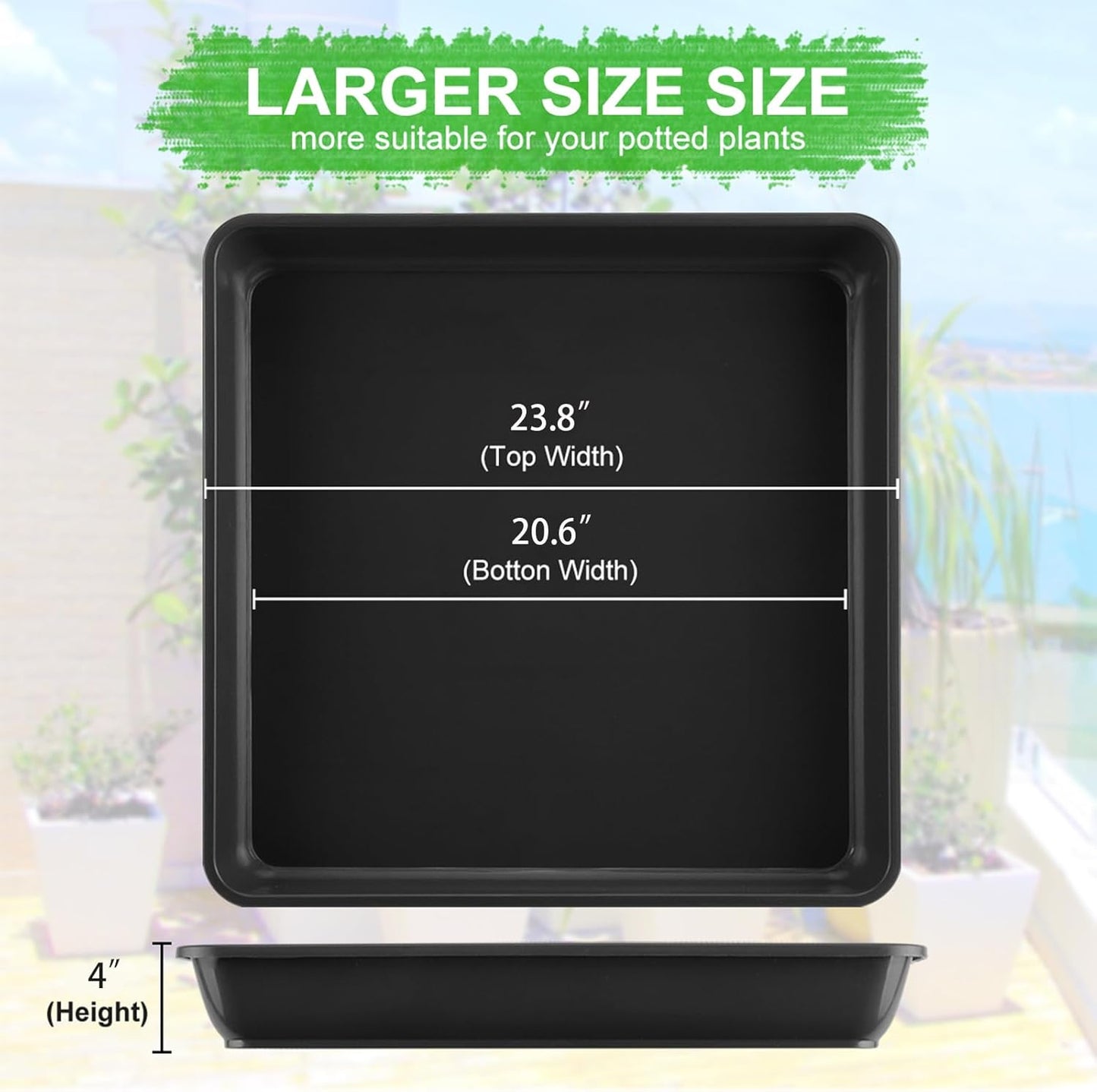 WAYNHUI Squared Plant Saucer 23inch 2pack Square Plastic Basin Tray Large/Small Water Receiving Tray(Black 23inch 2pack)