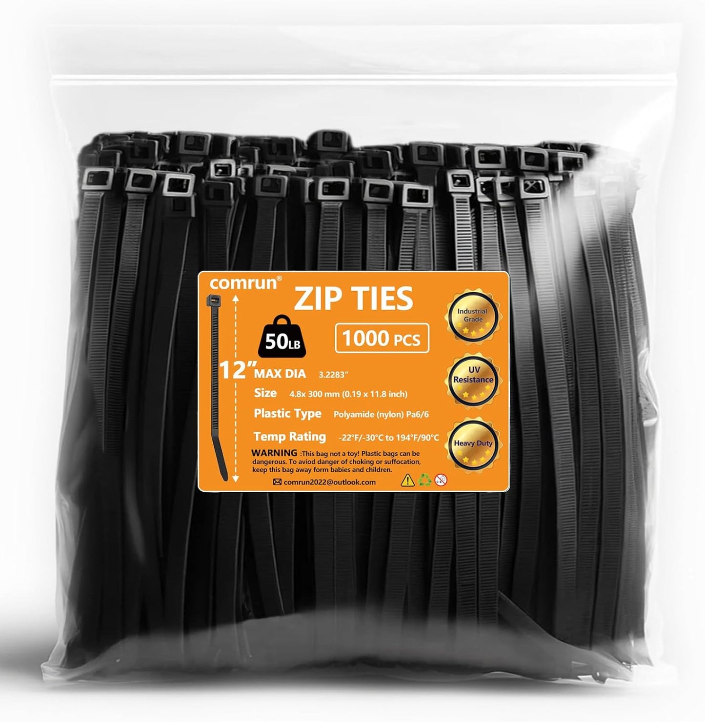 1000pcs 12Inch Nylon Zip Ties, 50 Pounds Tensile Strength, Black Cable Tie,Industrial Grade, UV Resistant,Heavy Duty,for Home,Garden Trellis,Office,Garage and Workshop
