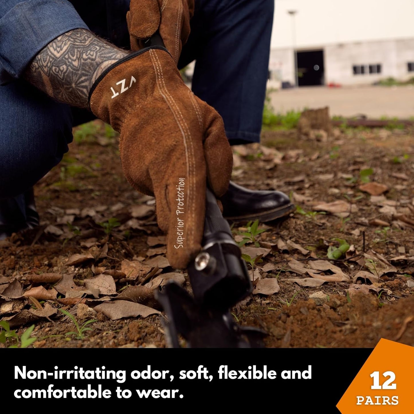 12 Pairs Bulk Leather Work Gloves for Men or Women for Gardening, Construction, Truck, Driving, Farm, Ranch, Woodworker, Soft, Cowhide Thickened, Water Resistant, Brown, Medium