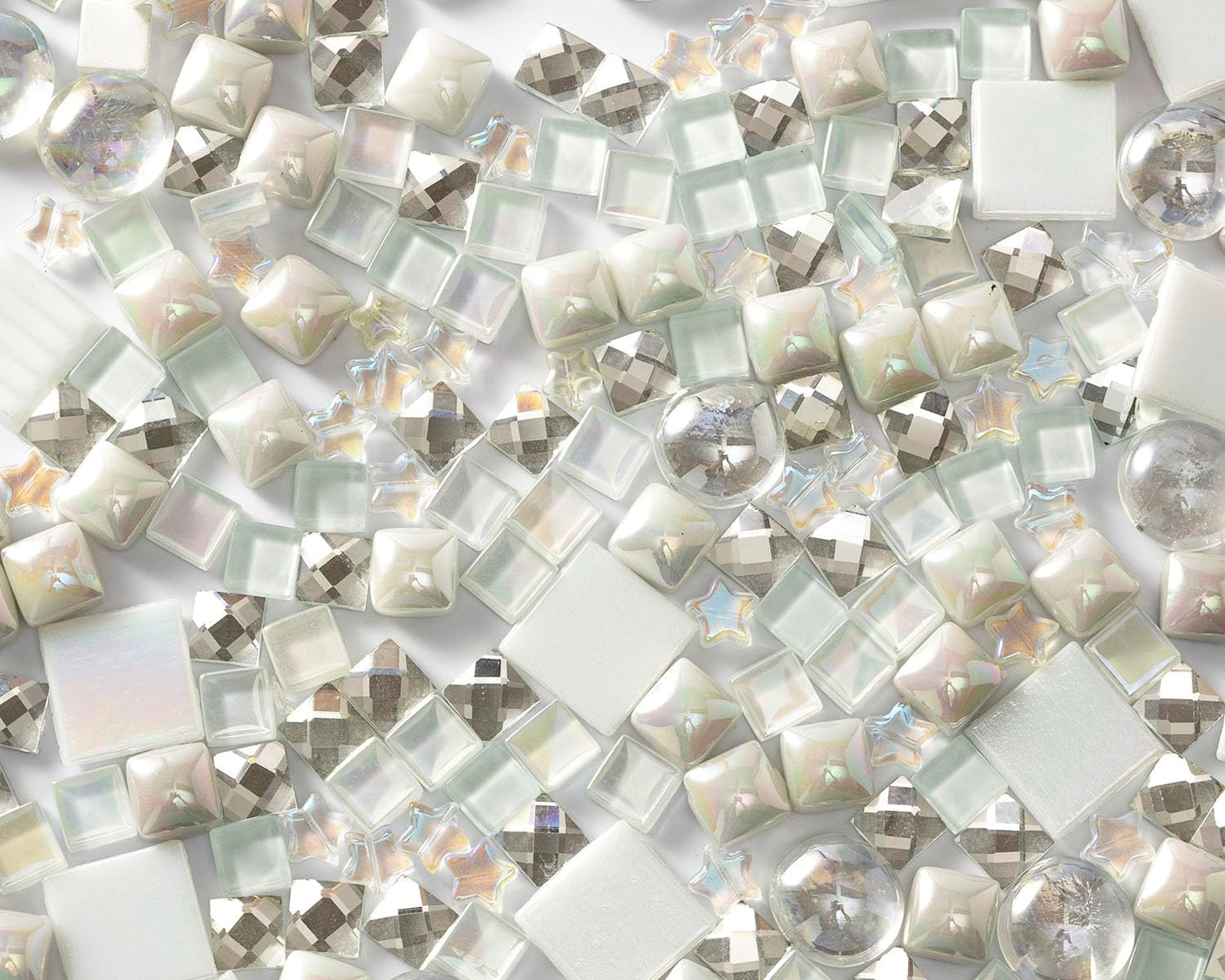 Lanyani 430Pcs Iridescent White Glass Mosaic Tiles Variety Styles Mosaic Tiles Pieces Bulk Shimmering Crystal Tile for Glass Crafts and DIY Decorations, 1.2 Pounds Pack