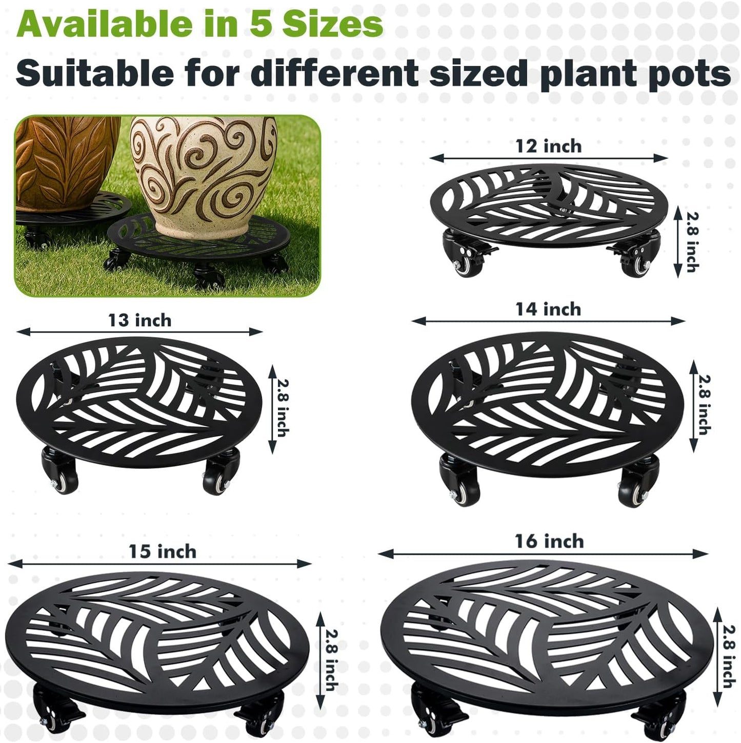 1 Pack 15 inches Extra-Large Metal Plant Caddy with Wheels Heavy-Duty Iron Rolling Plant Stand with Casters Indoor Outdoor Wheeled Plant Roller Base Pot Movers Plant Dolly Coaster Trolley Black