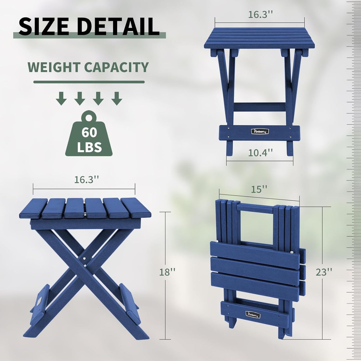 FUNBERRY Outdoor Folding Adirondack Side Table, Portable No Assembly Patio End Table HDPE All Weather