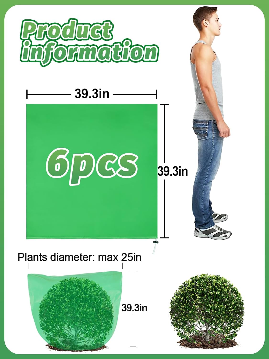 ANPHSIN 6 pcs Frost Protection Plant Covers - 39.3in x 39.3in Shrub Tree Plant Protection with Drawstring, Frost Cloth Wraps Blanket Freeze Bags for Winter Outdoor Garden Potted Plants Green