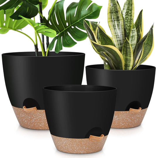 12" 10" 9" Large Self Watering Plant Pots, 3 Pack Flower Pots Planters with Multi Mesh Drainage Holes for Indoor Outdoor Garden Plants and Flowers (Black)