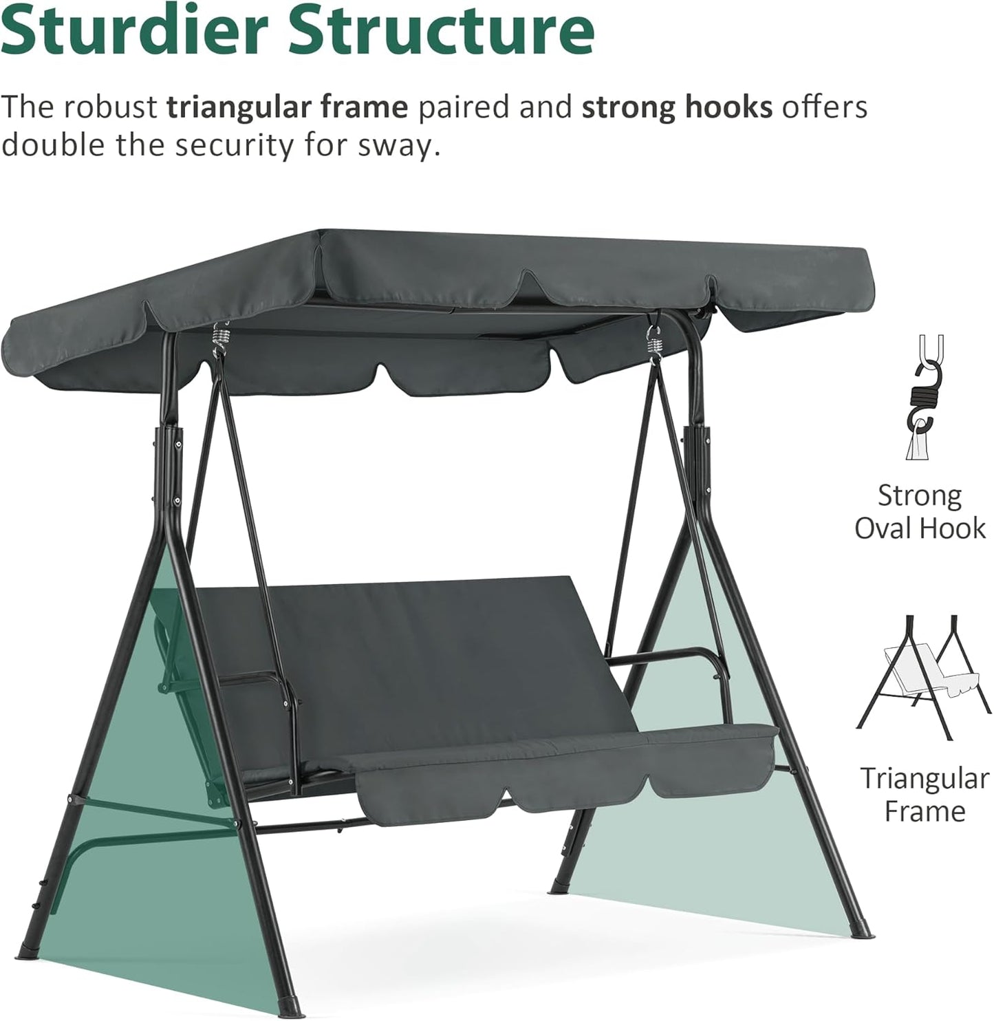 MCombo 2-3 Person Outdoor Patio Swing Chair, Convertible Canopy Hanging Swing Glider Lounge Chair, Removable Cushions, 4003 (Dark Gray)