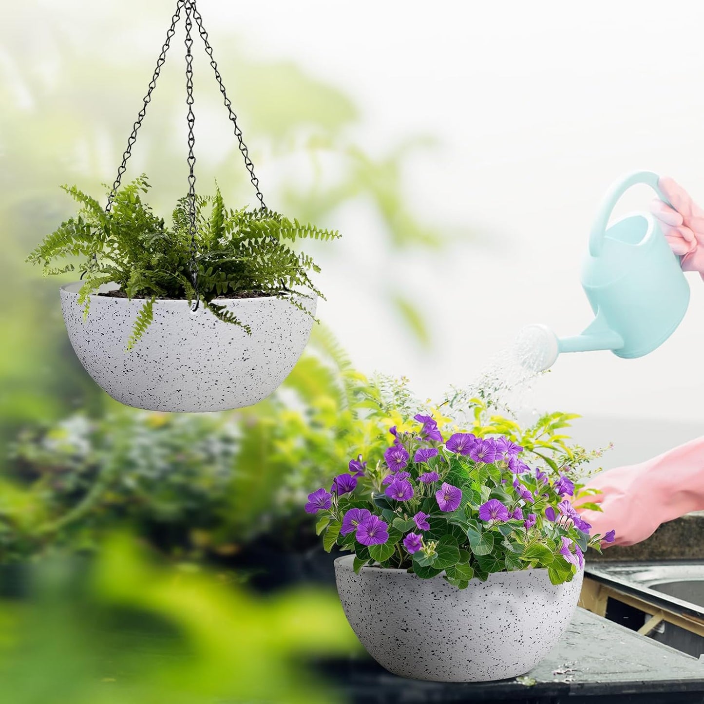 13 inch Large Hanging Planters Plant Pots for Outdoor Indoor Plants with Drainage Holes and Chain, 2 Pack Round Hanging Flower Pots for Garden Home Porch Decor, Speckled White