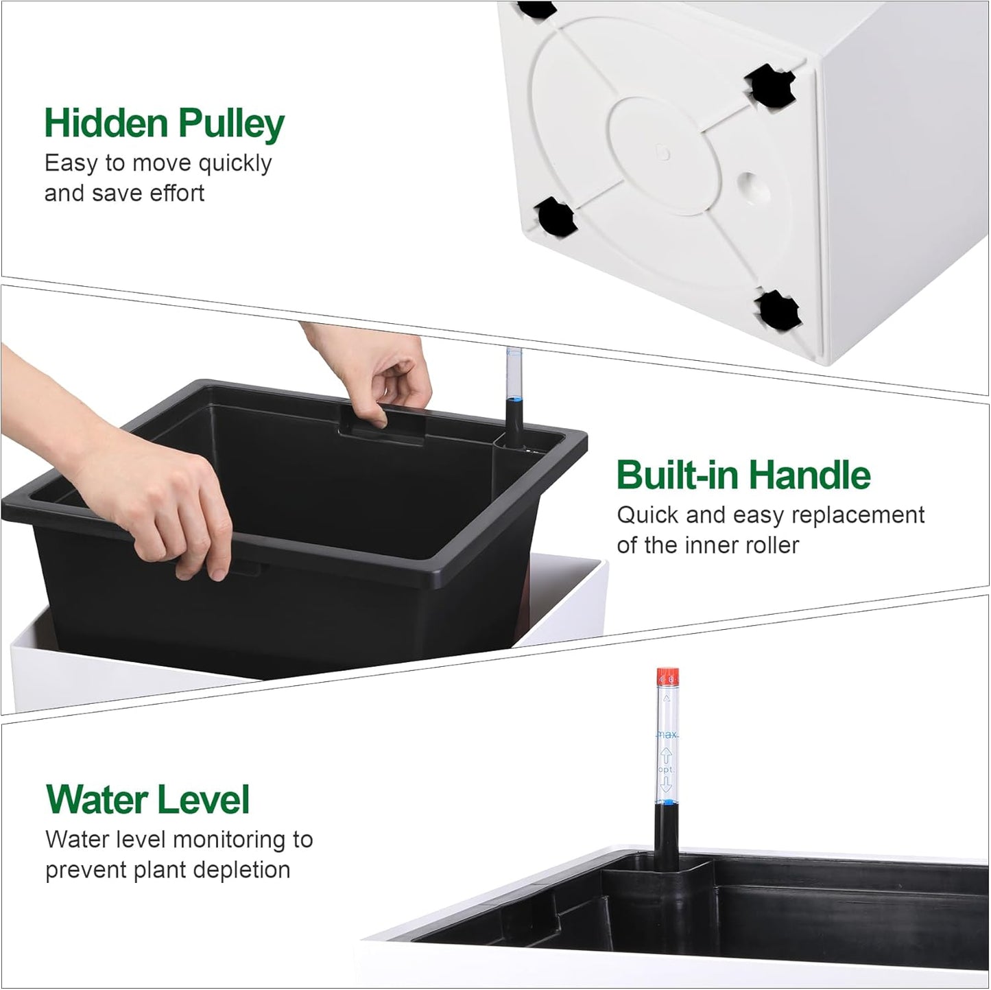 30" Tall Planters Set of 2, Outdoor＆Indoor Black Planter Pots, High Front Porch Planter Pots with Drainage Holes＆Water Level Monitor Movable Wheels ＆Inner Bucket, Automatic Watering, White