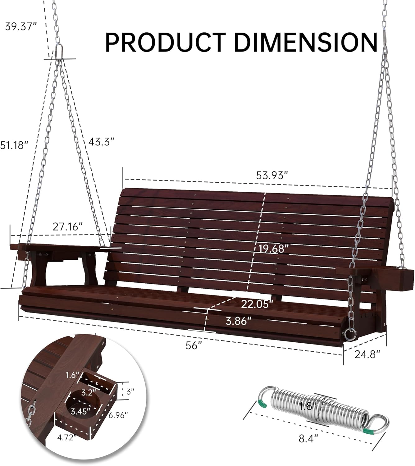 Wooden Outdoor Porch Swing, 3 Seater Front Porch Swing with Upgraded 22" Deep Seat, Heavy Duty 880 Lbs Swing Bench Chair for for Patio, Backyard, Garden (Brown, 5 Foot)