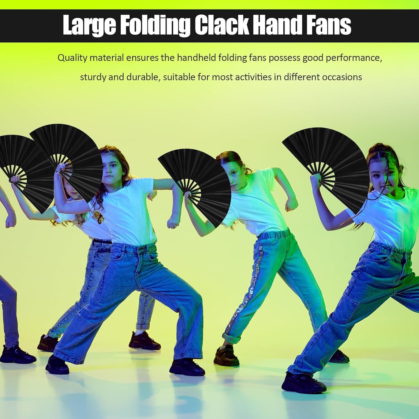 Blulu 4 Pcs 11 Inch Large Folding Hand Fans for Line Dancing Clapping Popping Rave Fans for Kids Women Men for Dancing Boots on The Ground Festival Party Decoration(Classic Style, Black)
