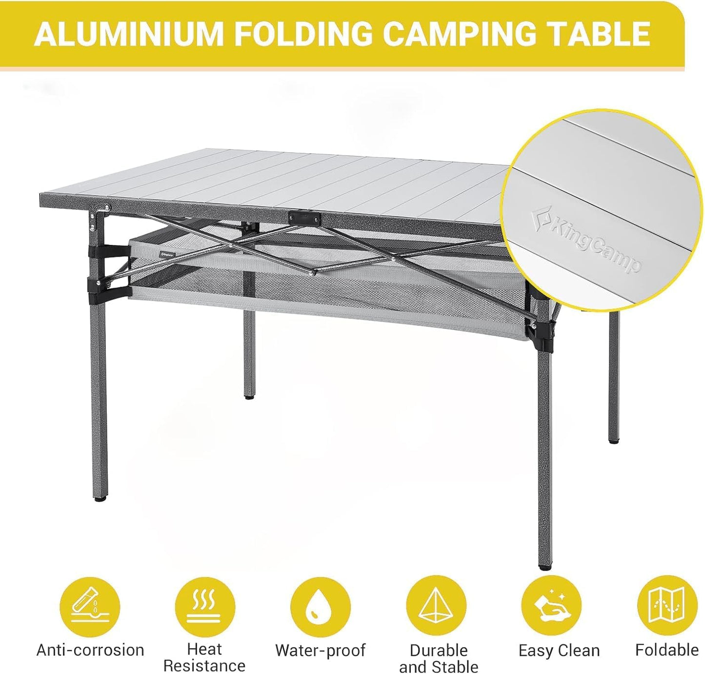 KingCamp Folding Camping Table, Portable Camp Table Foldable Aluminum Roll Up Seamless Desktop with Storage and Tall Legs for Outdoor Backyard Picnic