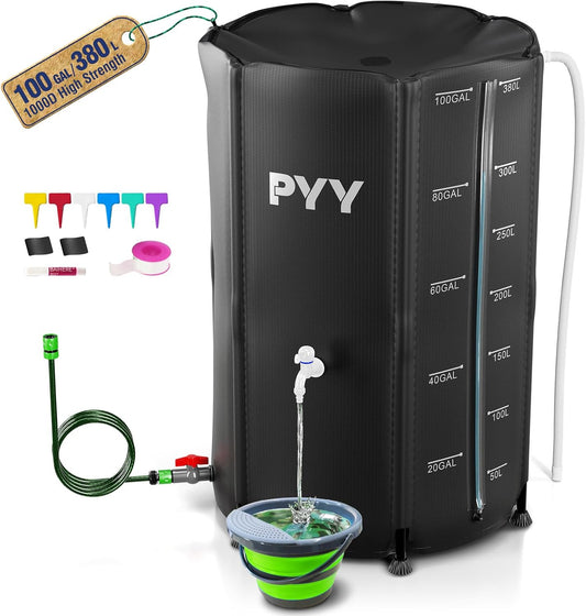 PYY Rain Barrel - 100 Gallon Water Storage Tank with Spigots, Portable Rain Catcher to Collect Rainwater from Gutter, Large Plastic Rain Catchment System with Collapsible Bucket, Black