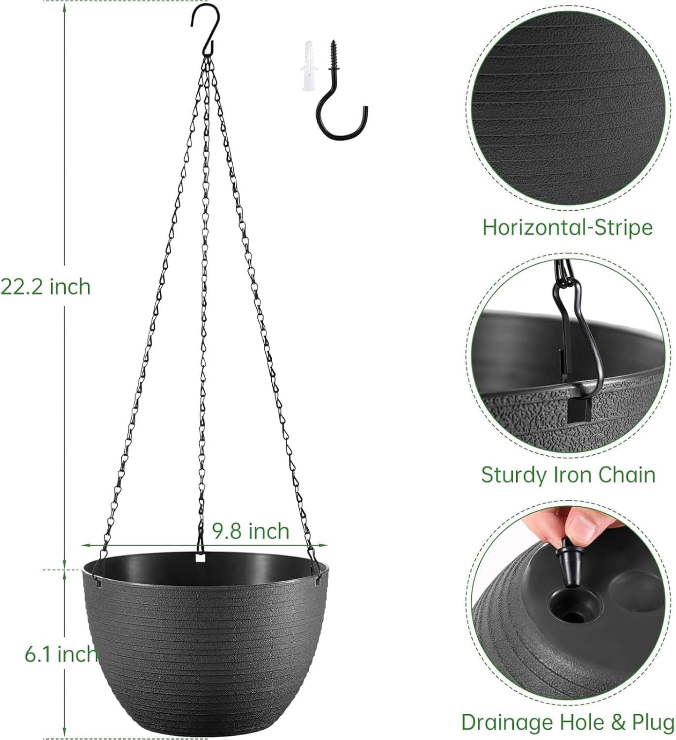 Hanging Planters for Indoor Outdoor Plants, Set of 2 Self Watering Hanging Pots with Drainage Hole & Plug and 20" Chain & Hooks