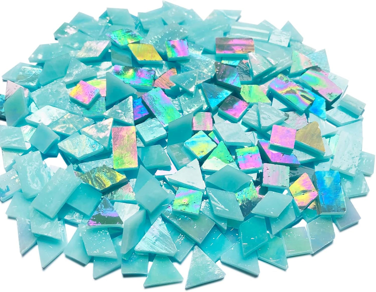Iridescent Aqua Stained Glass Mosaic Tiles, 280 Pieces Mixed 4 Shapes Stained Glass Supplies for Mosaic Projects