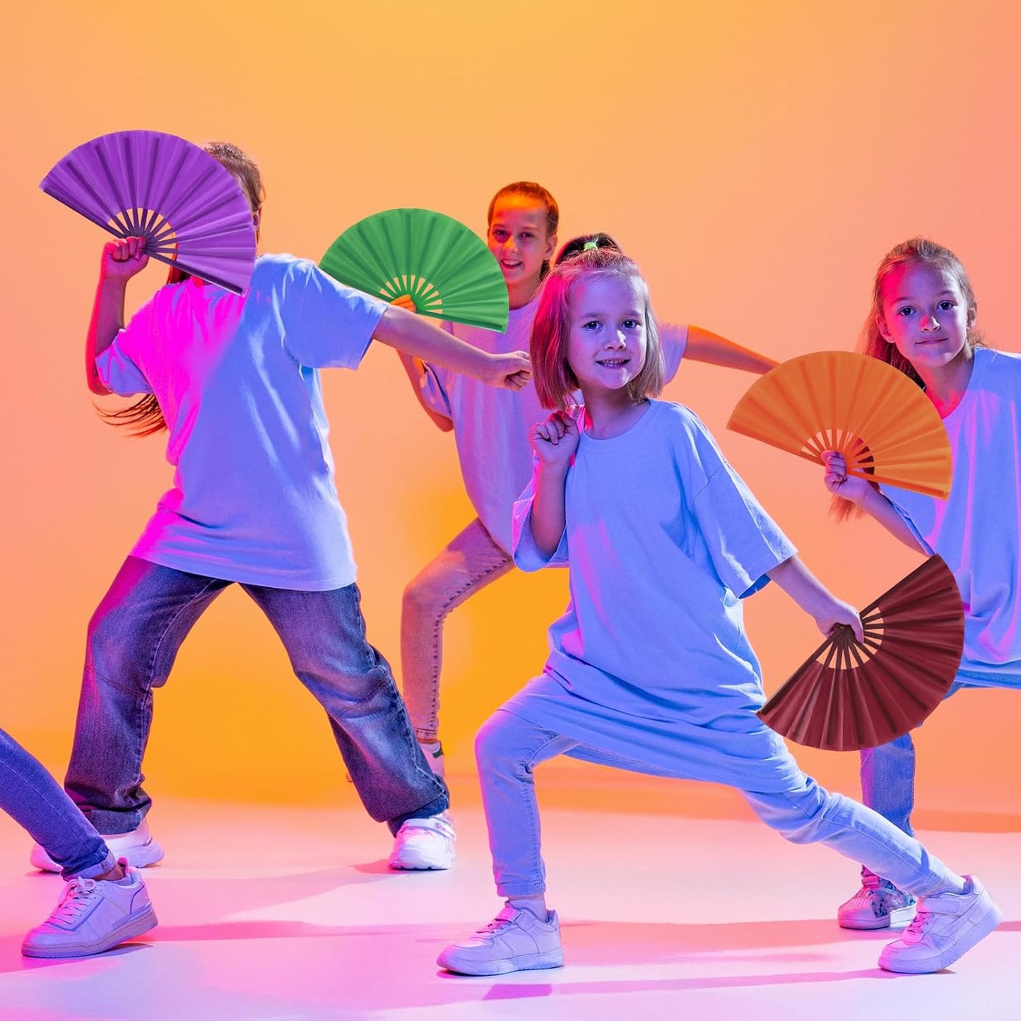 Blulu 4 Pcs 11 Inch Large Folding Hand Fans Bulk Clapping Popping Rave Fans for Kids Women Men for Dancing Boots on The Ground Festival Party Decoration(Classic Style, Retro Color)