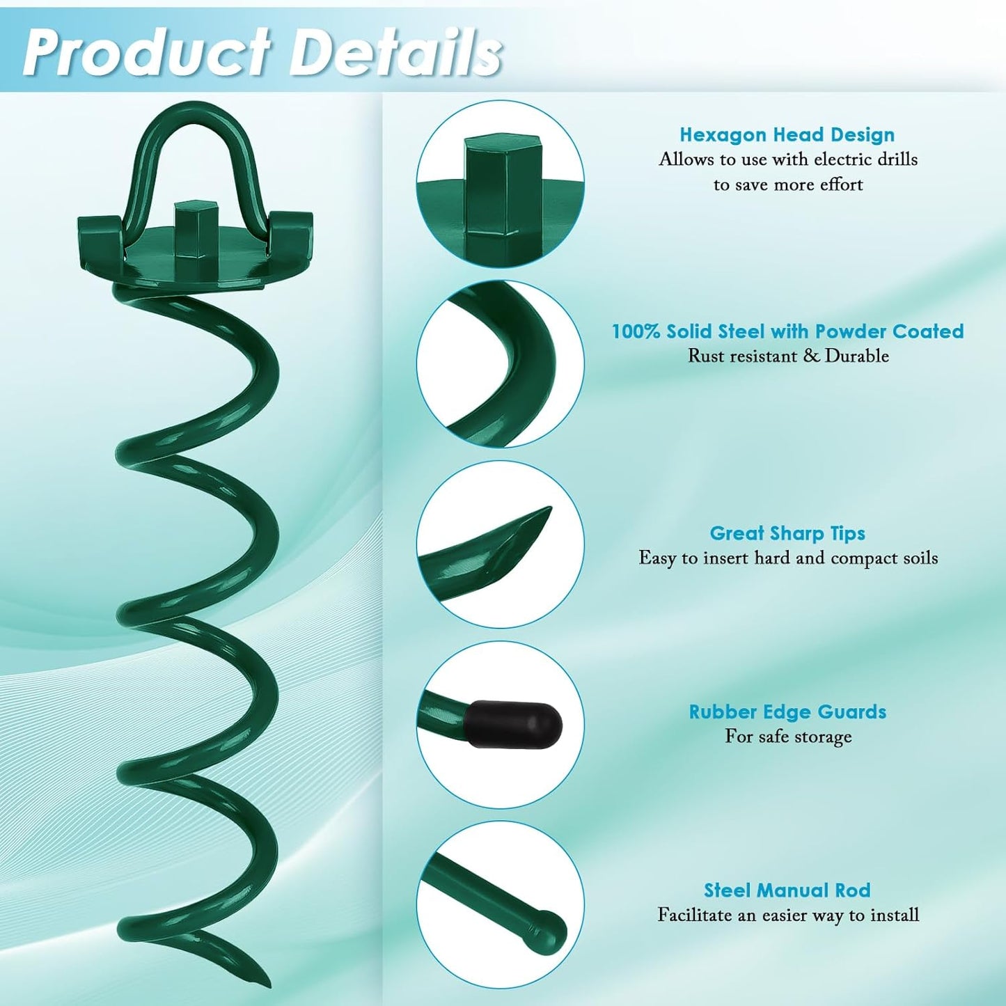 FEED GARDEN 12.2 Inch Spiral Ground Anchors Heavy Duty Screw in Spiral Stakes 4 Pack Folding Ring Ground Stakes for Securing Dogs,Tents, Trampolines, Canopies, Swing Sets,Green