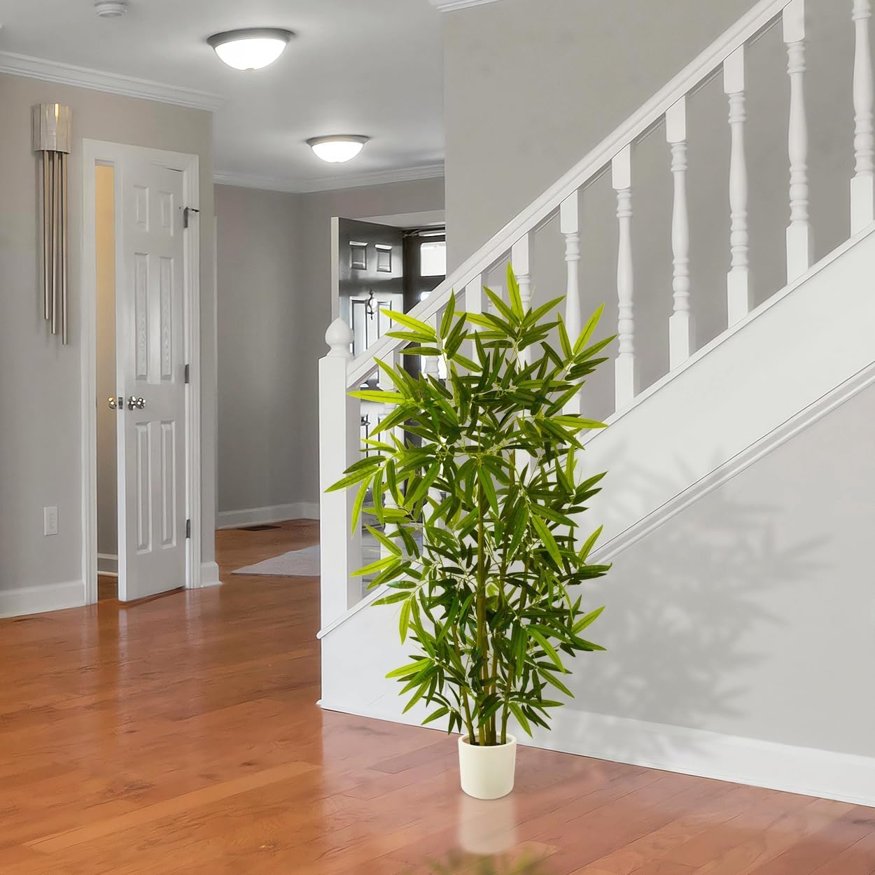 Artificial Bamboo Tree, 5ft Tall Fake Bamboo Plant with White Planter, Faux Trees with 5 Trunks and Lifelike Leaves for Indoor Outdoor Home Office Décor