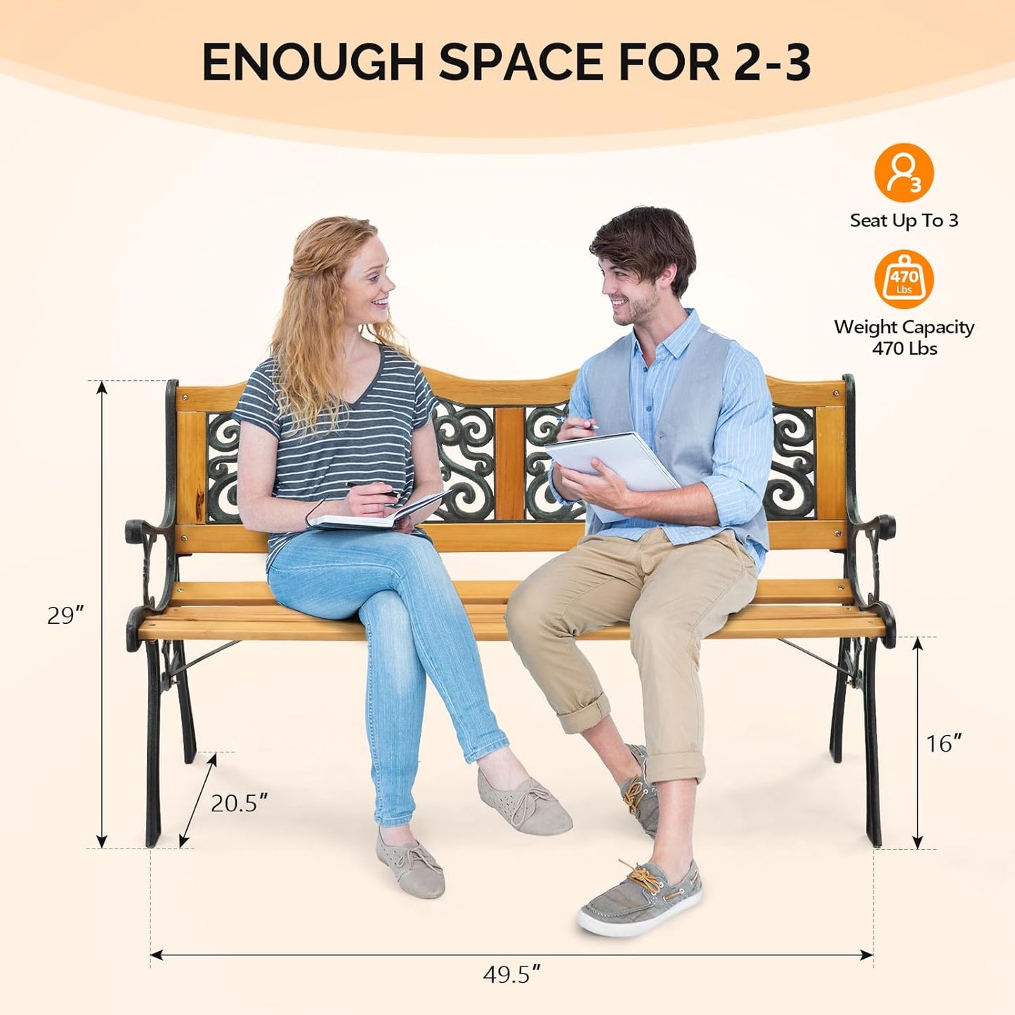 VINGLI Outdoor Bench Metal Garden Bench Front Porch Bench, Wood Patio Bench w/PVC Backrest Cast Iron Love Seat Park Benches (Arched Back)