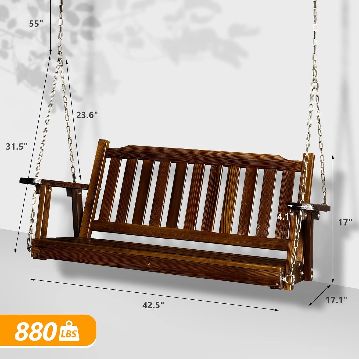 VINGLI Heavy Duty 880 LBS 4 FT Outdoor Porch Swing, Patio Hanging Swing Bench for Yard, Rustic