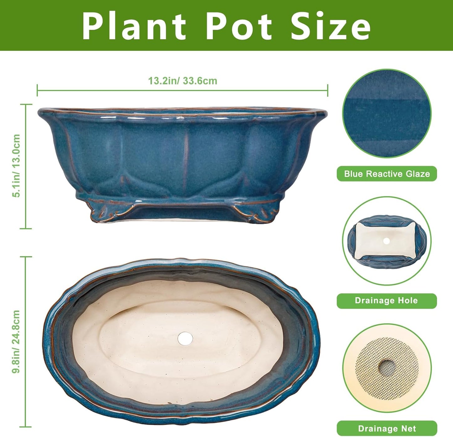 Bonsai Pots - 13.2 Inch Oval Ceramic Pots for Plants, Large Succulent Planter with Drainage Hole, Decorative Planters for Indoor Outdoor, Garden House Decor, Housewarming Gifts, Retro Blue