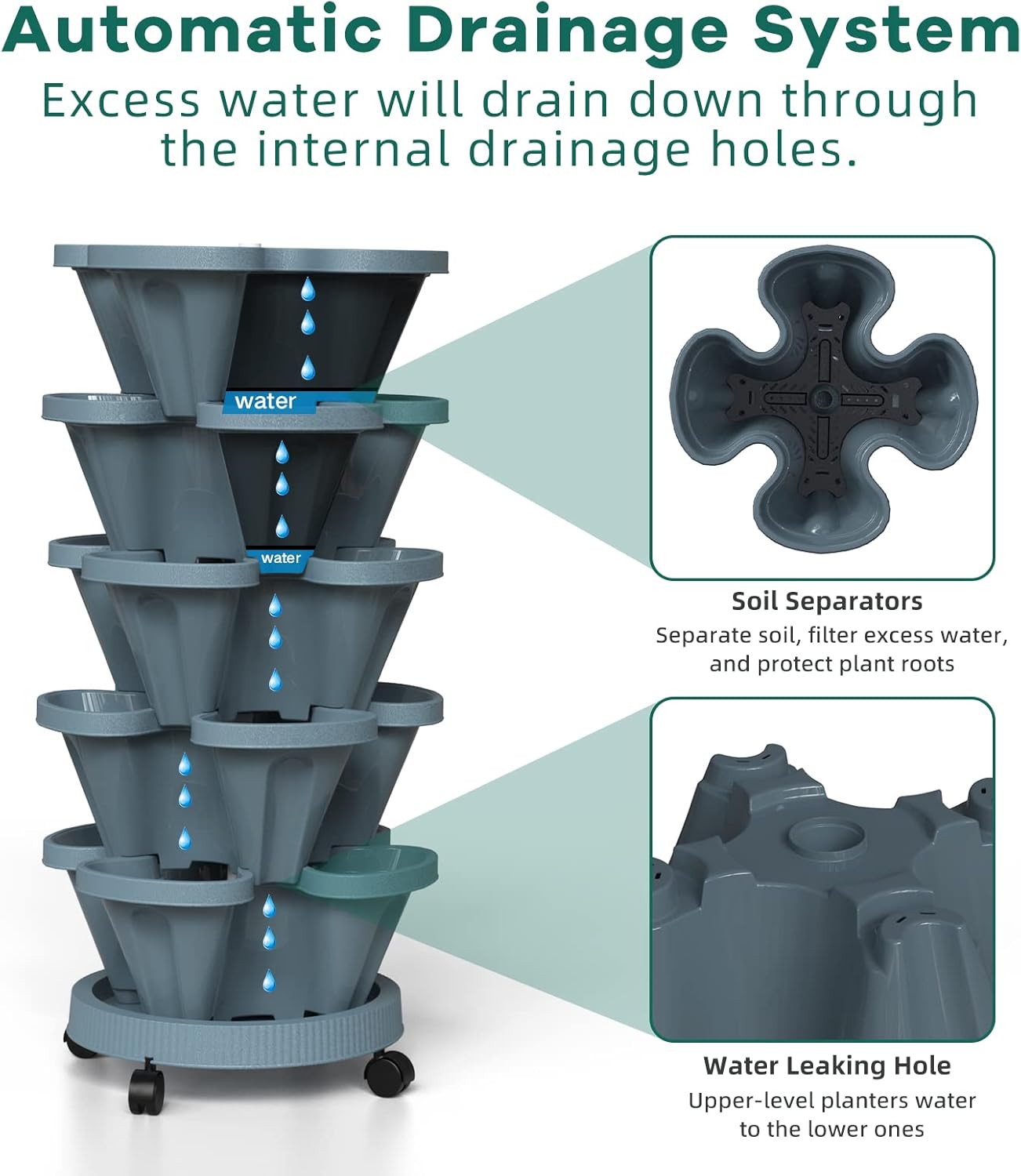 Strawberry Vertical Planters Tower Garden, 5 Tiered Stacking Planter with Support Pole, Stackable Herb Vegetable Planters Indoor and Outdoor - Dark Grey