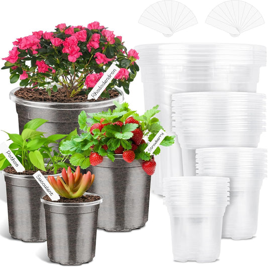 PACETAP 40Pack 6.5/5/4/3.5 Inch Reinforced Clear Nursery Pots with Drainage Holes, Variety Pack Thickened Plastic Plant Pots with 20 Plant Labels for Indoor Outdoor Flower Seed Starter