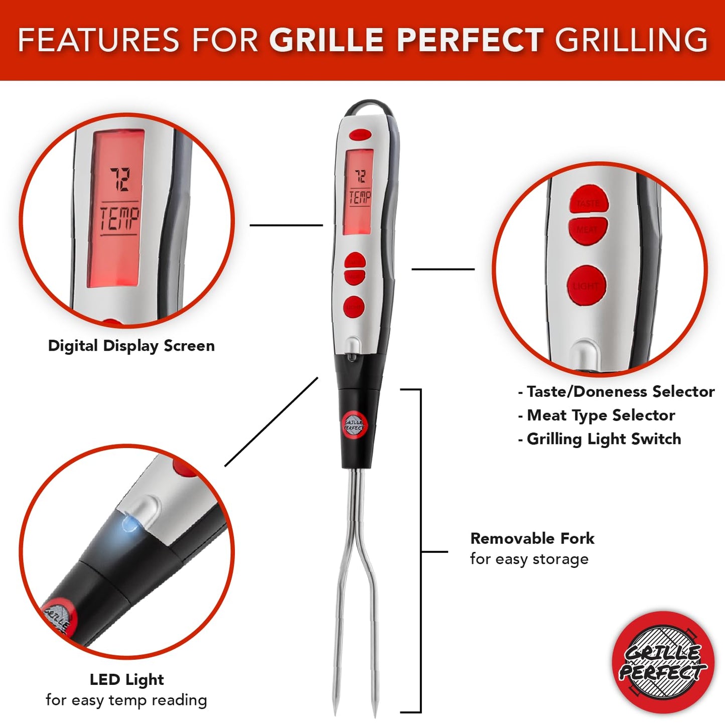 Digital Meat Thermometer Fork for Grilling and BBQ Fast Read Electronic Probes with Ready Alarm Quick Accurate Barbecue Temperature for Steak Chicken Hot Grilled Food