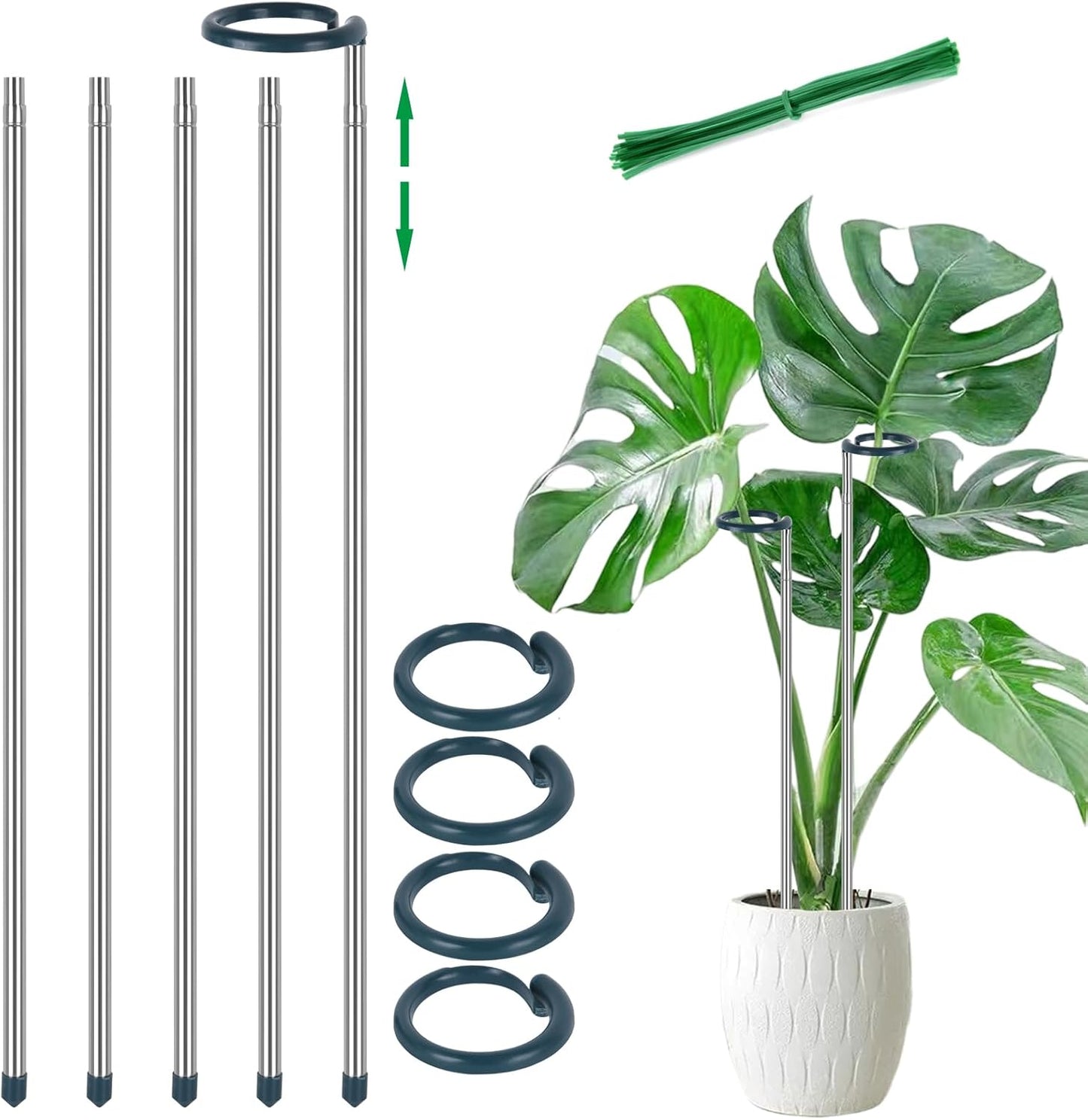 Extendable Monstera Plant Support Stakes, Made of Aluminum Alloy, Tomato Stakes Length Adjust from 17.3" to 32.2", Suitable for Indoor Outdoor Potted Amaryllis Vegetables Comes with 15 Ties-5Pack