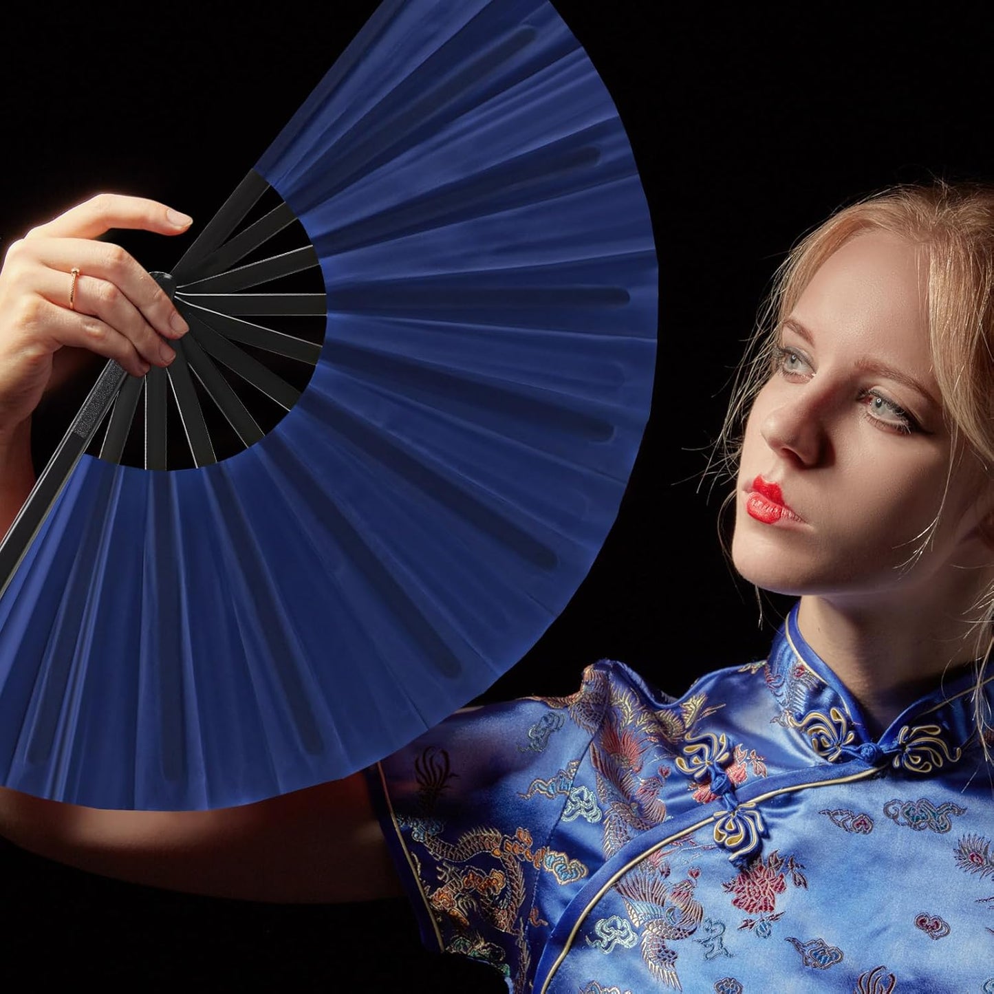 Blulu 4 Pcs 13 Inch Large Folding Hand Fans for Line Dancing Big Clapping Popping Raves Fans Bulk for Dancing Boots on the Ground Festival Party Decoration(classic Style, Navy, 13 Inch)