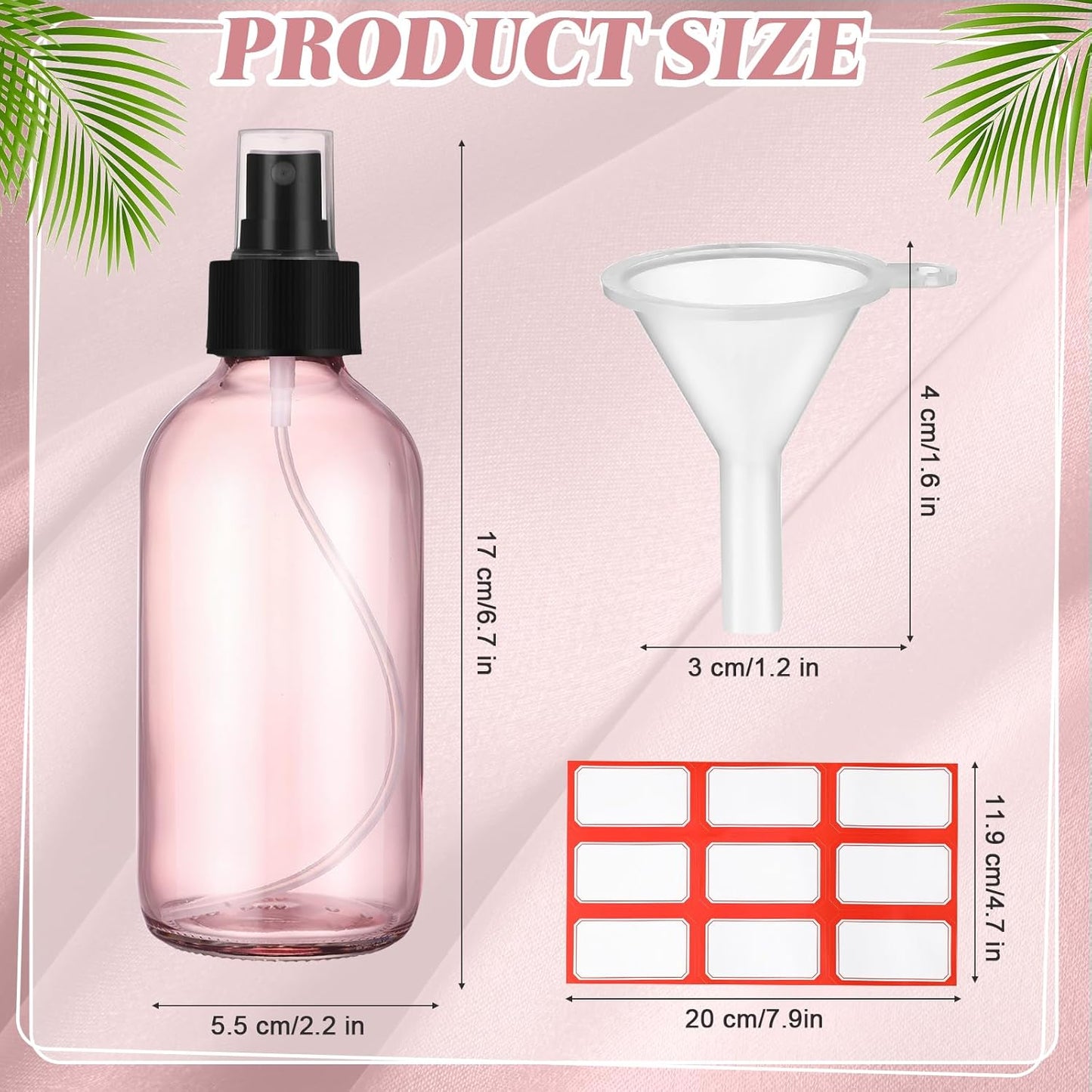 Norme 12 Pcs 8 oz Glass Spray Bottles with Funnels and Labels Refillable Cosmetic Empty Spray Bottles with Sprayer Containers for Essential Oil Cleaning Solutions(Pink,Stylish)