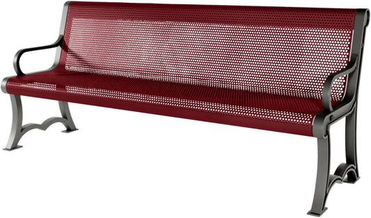 Coated Outdoor Furniture Heavy-Duty Outdoor Bench Thermoplastic Coated, Punched Steel, Commercial-Grade Garden Bench, Made in America (Portable with Back, 6 Ft, Burgundy)