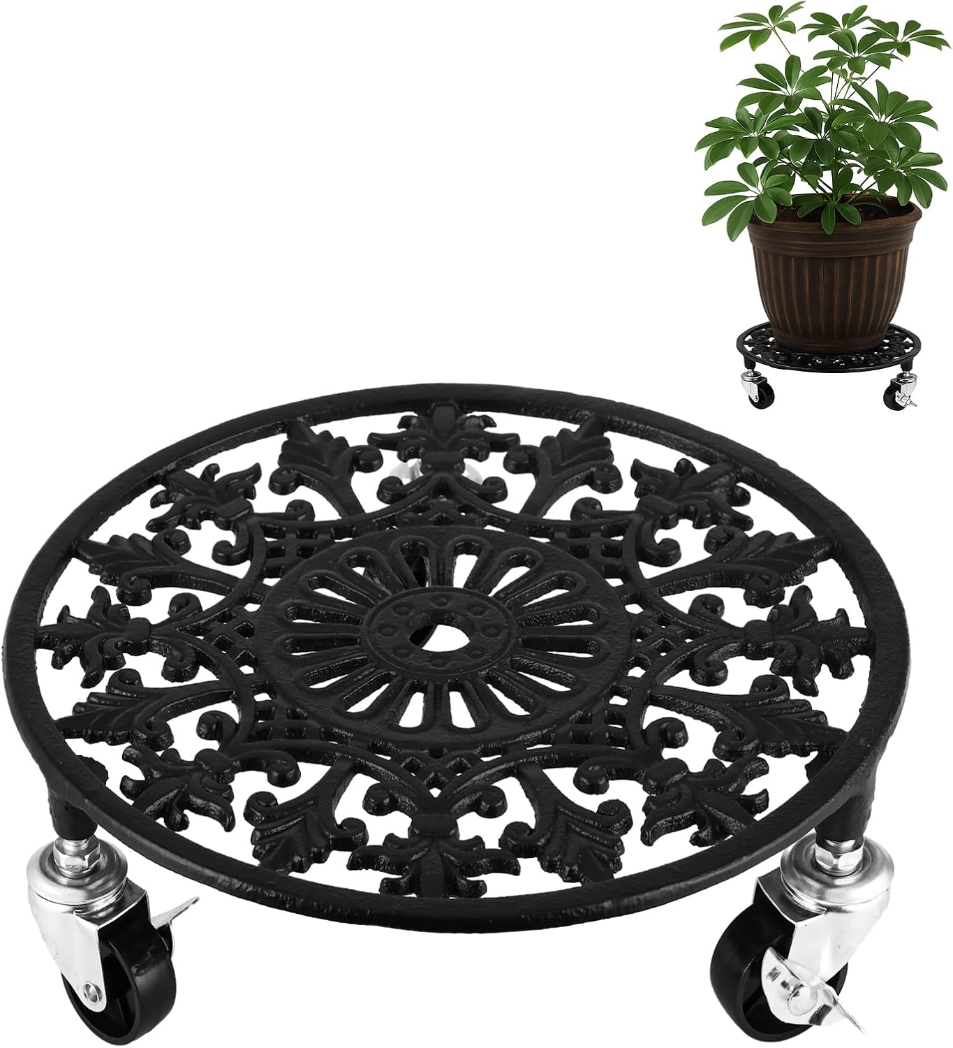 1 Pack Plant Caddy with Wheels 11 Inch Rolling Plant Stand for Large Plants Heavy Duty Plant Rollers Metal Plant Dolly Rustproof Planter Stand Wrought Iron Plant Stands Flower Cart Indoor Outdoor
