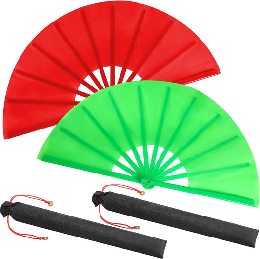 Maitys 2 Packs Large Clap Fans for Line Dancing Large Chinese Folding Hand Fans for Men and Women, Festival, Tai Ji, Kungfu, Martial Art, Gifts (Green and Red)