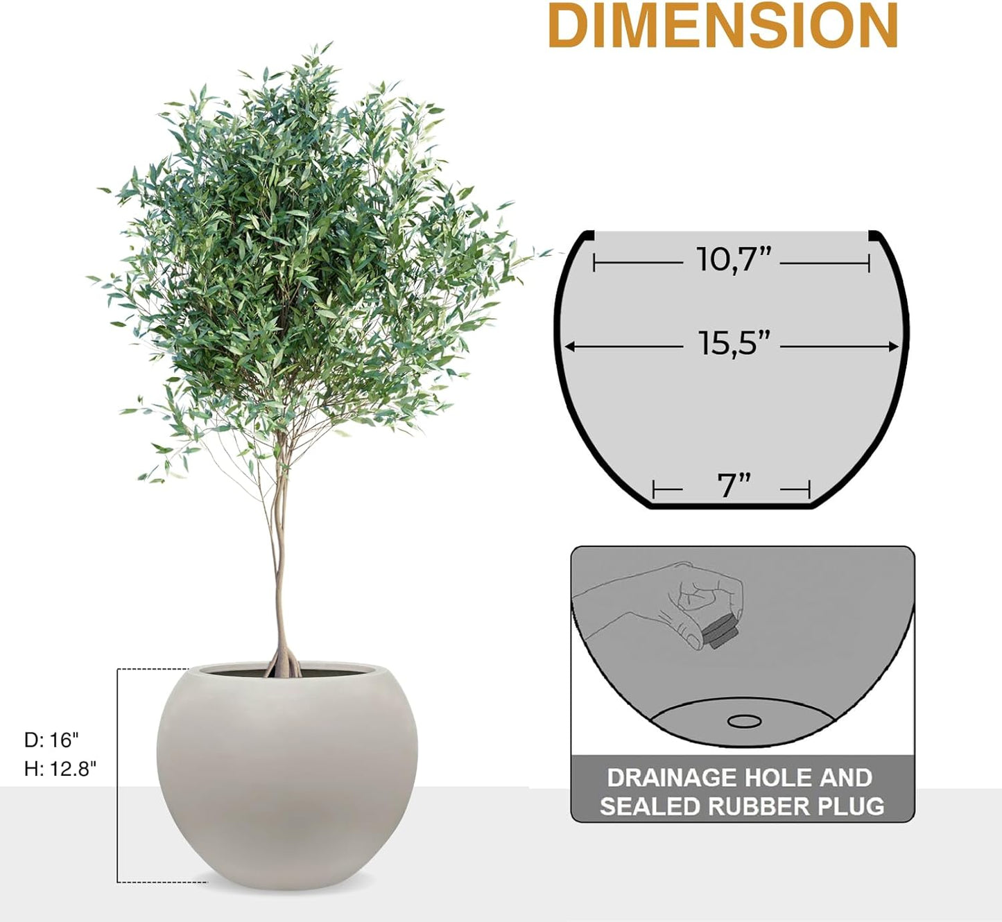 12.8" H x 16" D Globo Fiberstone Round Planter with Drainage Hole, Weather Resistant, Smooth Finish, Planters for Indoor Plants & Outdoor, 2 Extra Coco Mats (Taupe, 10.7" Pot Opening)