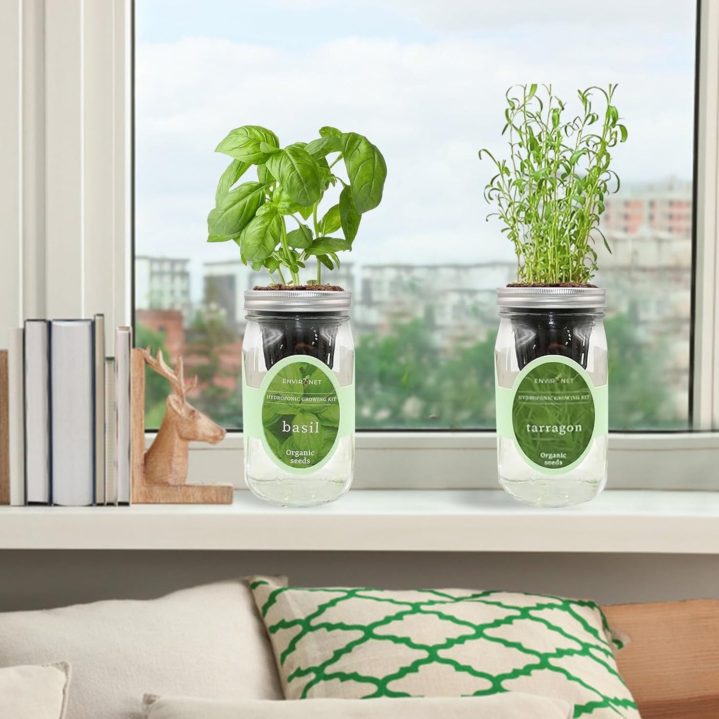 2-Pack Hydroponic Mason Jar Herb Garden Kit, Indoor Herb Garden Self-Watering Starter Kit (Basil,Tarragon)