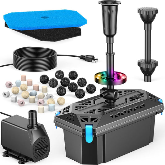 Antfraer Pond Filter with RGB Auto-Cycle LED Lights, Pond Filters for Outdoor Ponds Built In 660GPH Pond Pump, Pond Filter Box Suitable for Garden, Fountain, Pond, Waterfall, Aquarium-Corded Electric