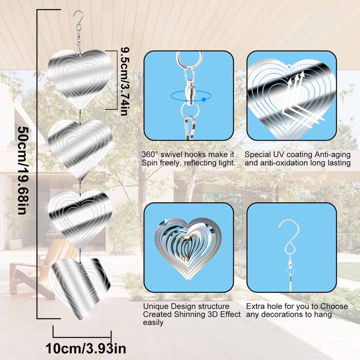 12 Metal Heart Bird Scarer Discs Set, Wind Spinners 3D Helix Reflector Stainless Steel Sparkly Outdoor Garden Decor, Scare Birds & Animals Away from Garden Yard Patio Lawn Farm Wind Sculpture Gifts