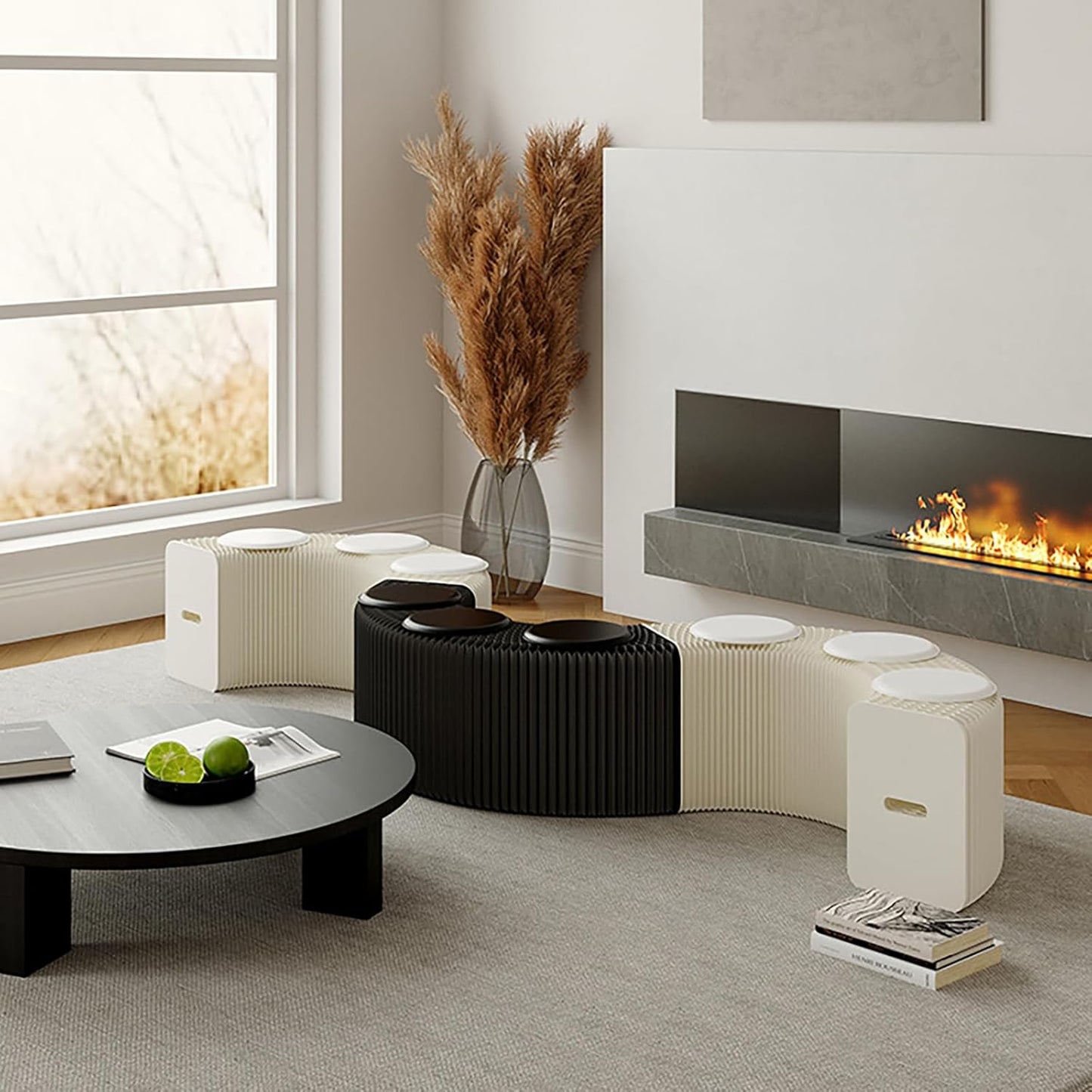 Foldable Kraft Paper Stool, Honeycomb Accordion Folding Bench, Collapsible Paper Stool for Small Spaces, Portable Footrest and Side Table for Living Room and Office,Black-44×31×150cm