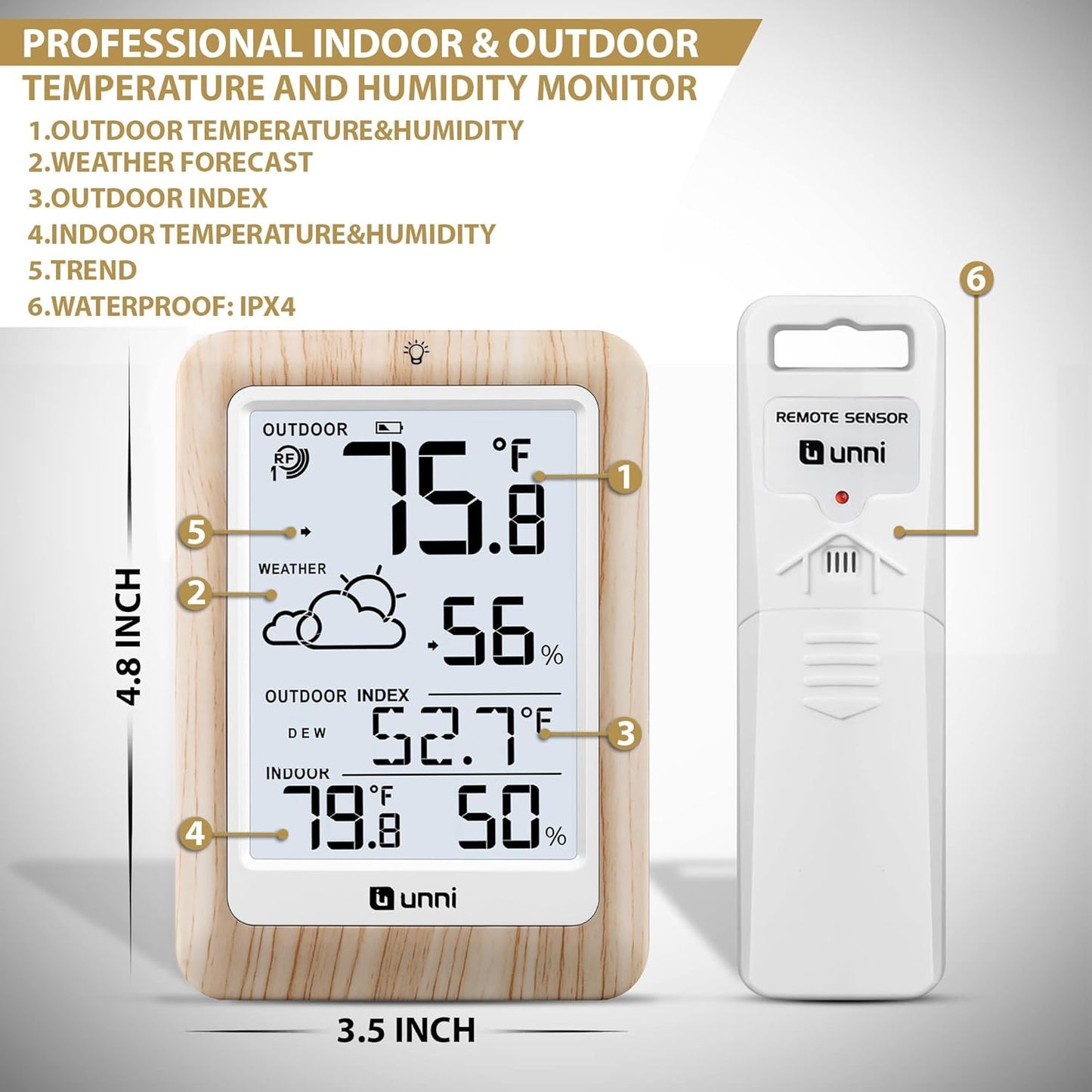 Indoor Outdoor Thermometer Wireless Weather Station, Temperature Humidity Monitor Battery Powered Inside Outside Thermometers with 330ft Range Remote Sensor and Backlight Display（Wood）