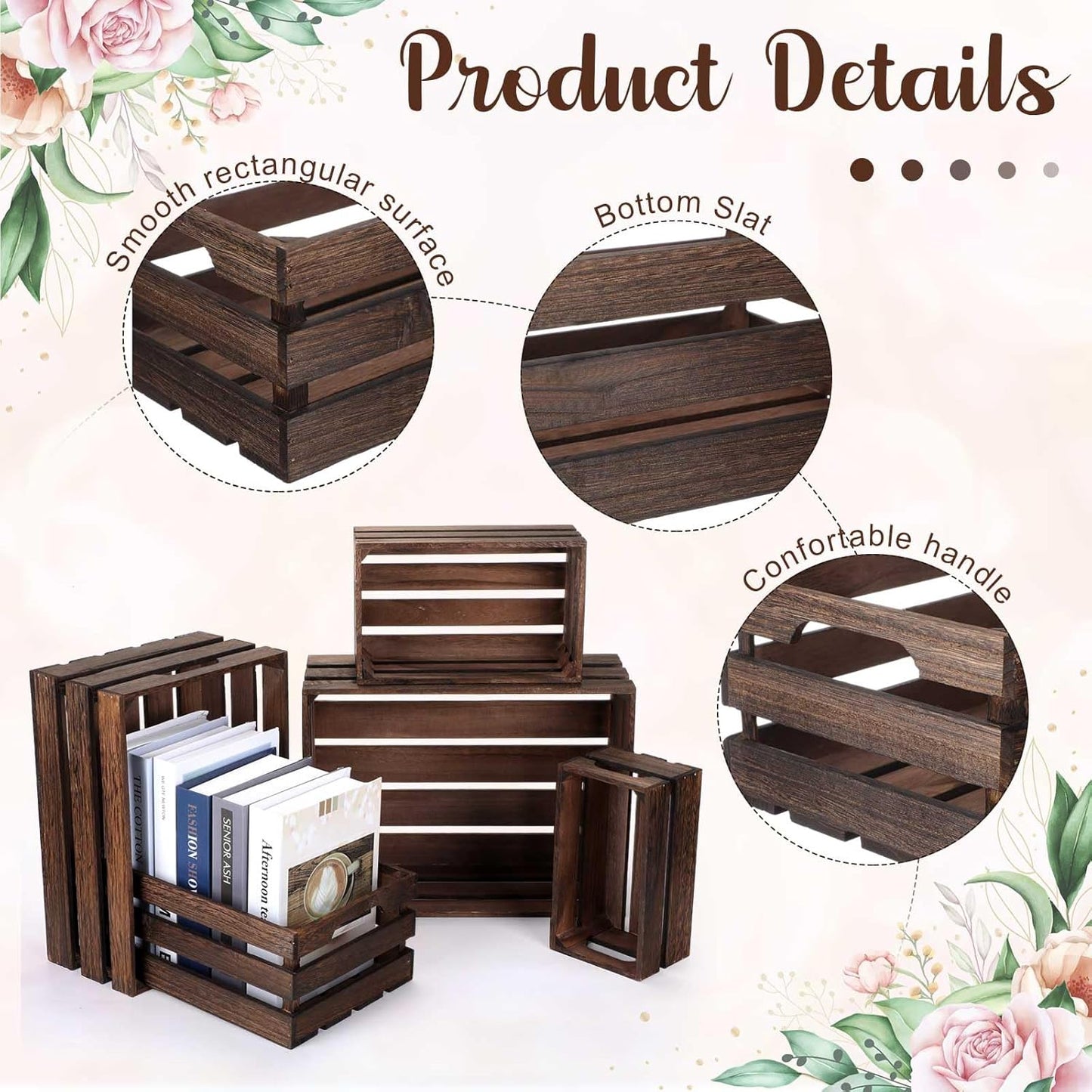 Soaoo 5 Pcs Decorative Nesting Wooden Crates for Storage Display 5 Size Large Small Rustic Wood Decorative Storage Crates with Handle Farmhouse Crate Box Container Made from Pine(Vintage Black)