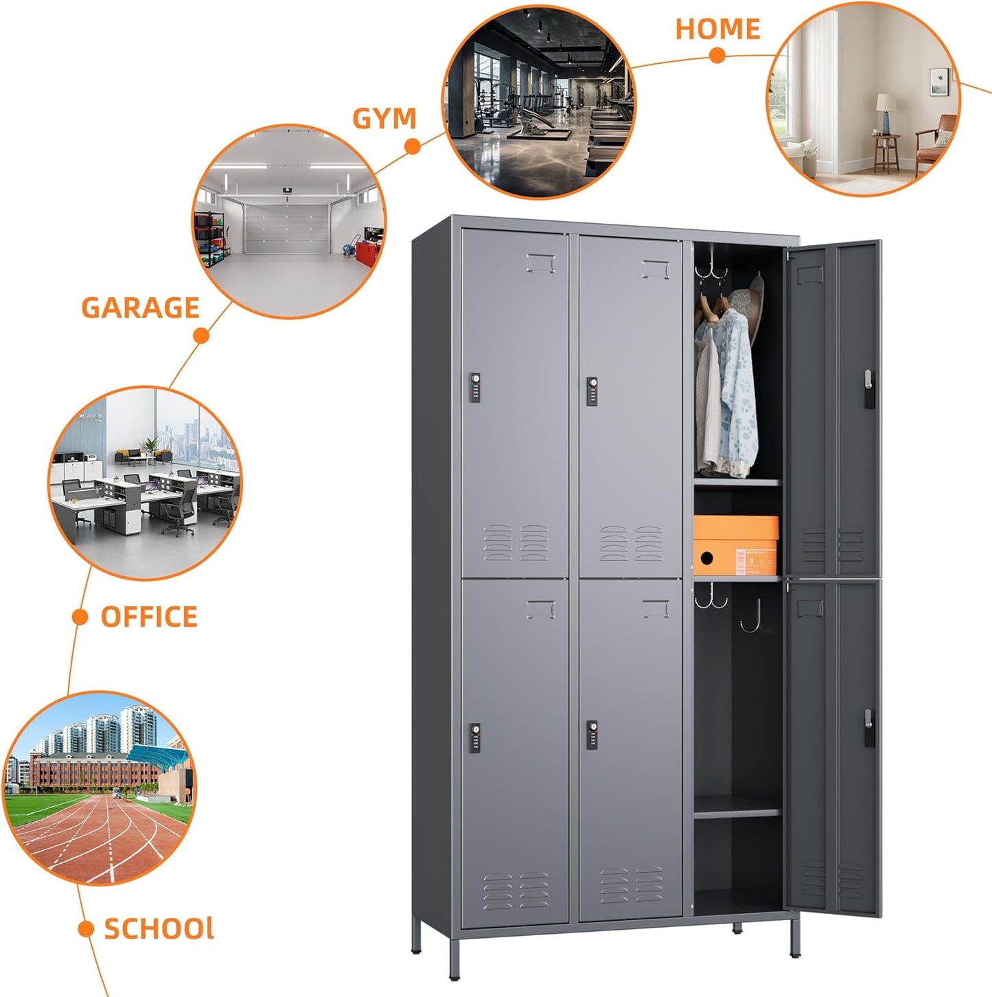 6 Doors Metal Lockers for Employees with Combination Locks and 6 Shelves, Storage Locker with 18 Hooks and Business Card Holder for Office Gym School Bedroom, Assembly Required, Dark Gray