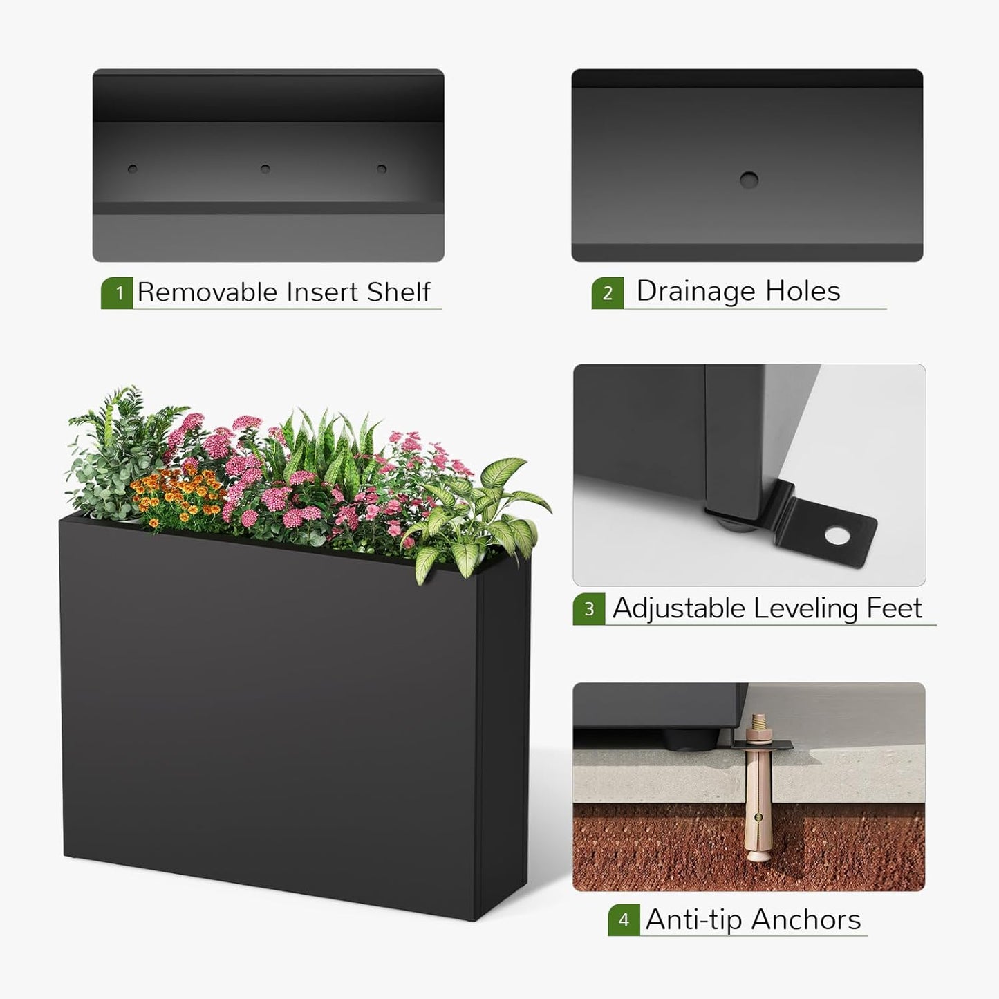 Stoog 38" Metal Tall Rectangular Planter - All-Weather Planter Box for Indoor/Outdoor Use, with Removable Insert Shelf, and Modern Design for Plants, Flowers, Garden, Black