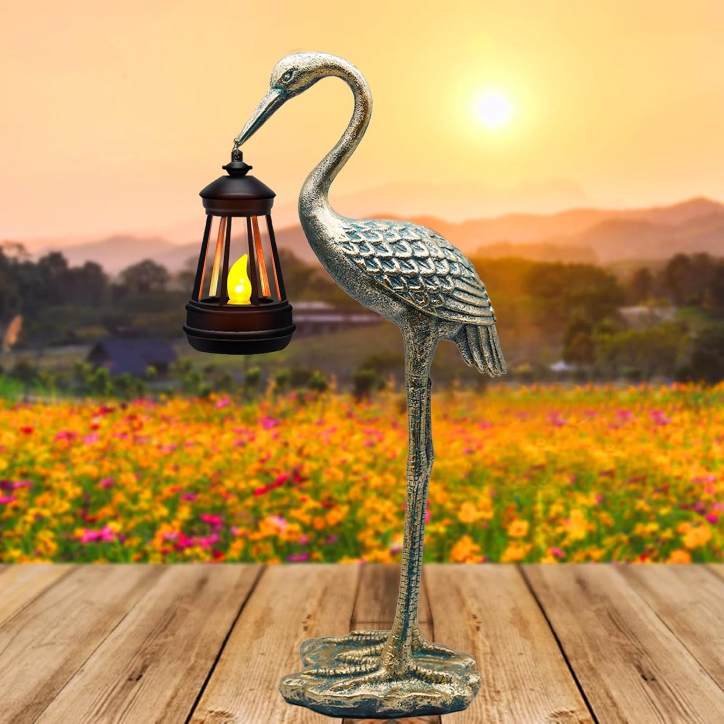Solar Garden Statue Crane Figurine, Outdoor Hanging Solar Lanterns, Blue Heron Sculpture Statue for Patio, Yard, Lawn, Porch, Garden Decor for Outside Gifts for Christmas Mom, Women, Mother's Day