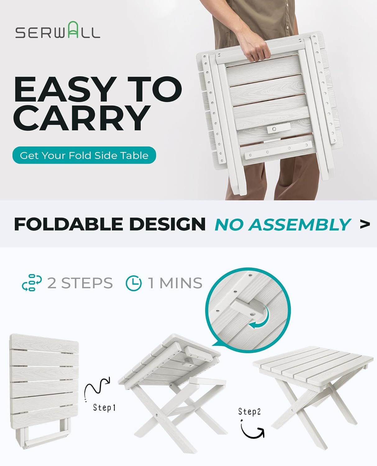 SERWALL Folding Outdoor Side Table Set of 2, Portable Adirondack Side Table, White