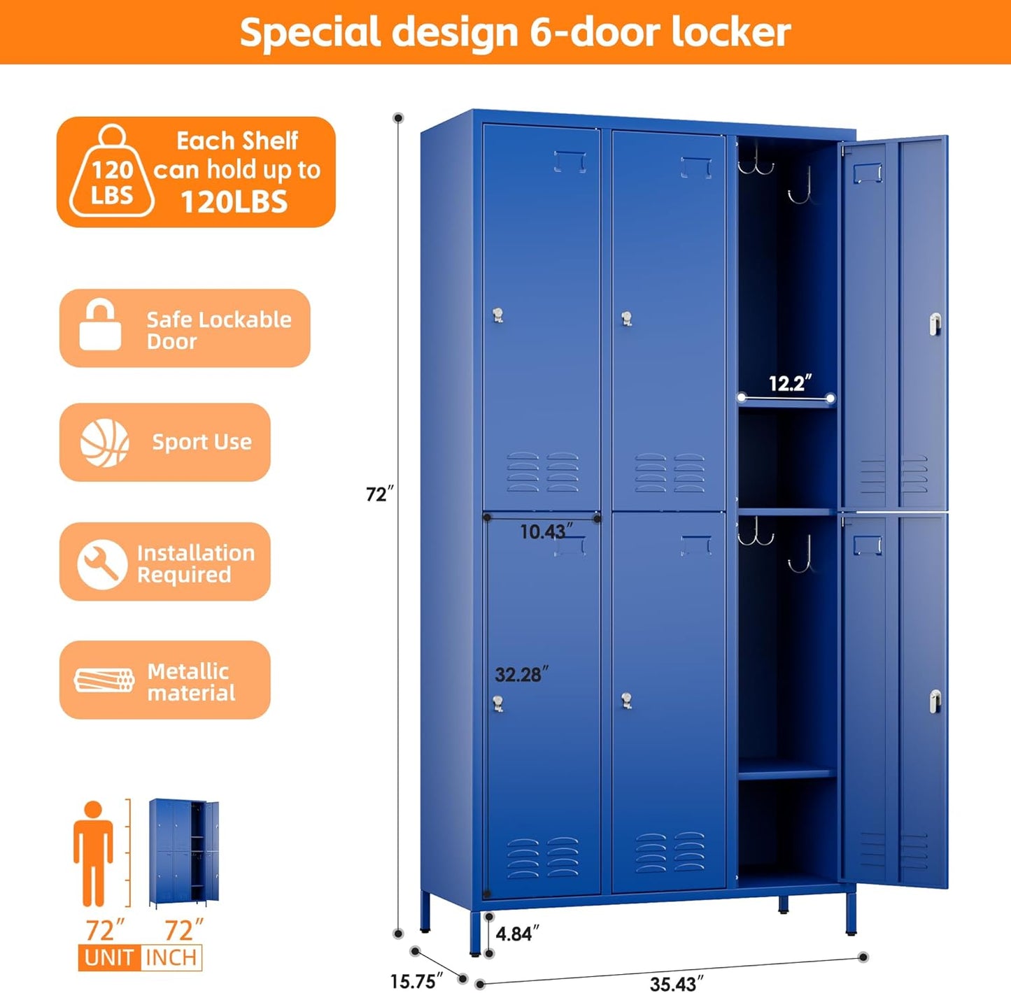 METAN Metal Locker for School Office Gym Bedroom,6 Doors Steel Storage Lockers Cabinet for Employees,Industrial Storage with 1 Shelf,Assembly Required,Blue